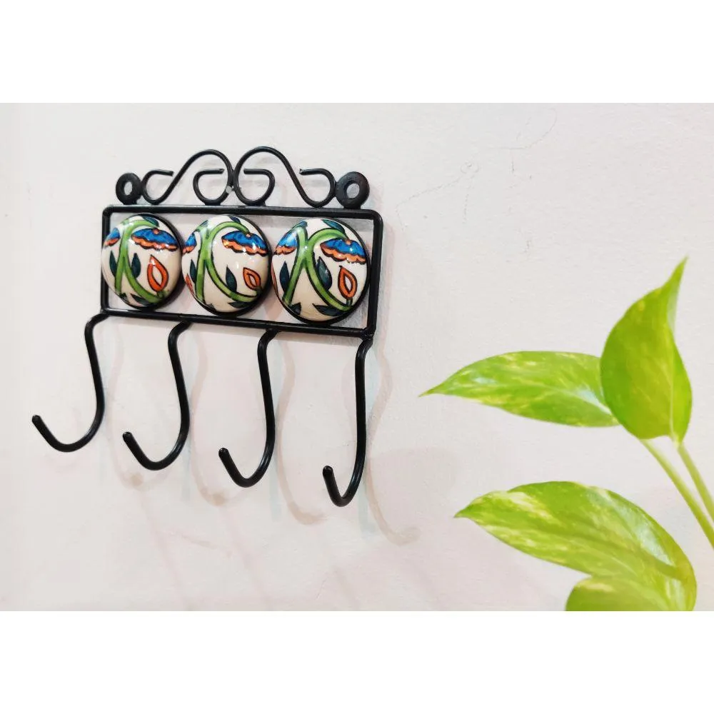 Handcrafted Green Ceramic Wrought Iron Quirky Wall Hook - Set of 2