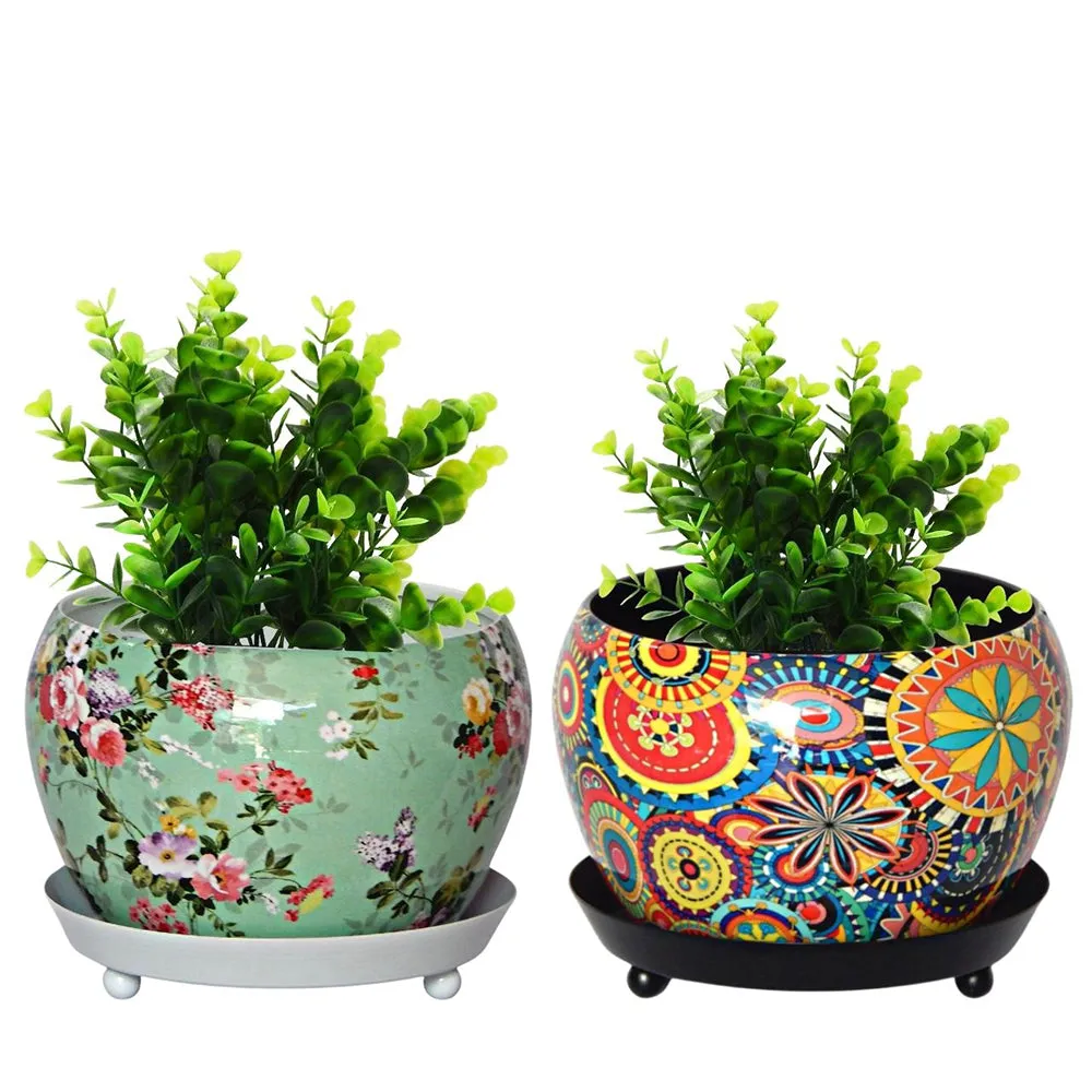 Handcrafted Multicolour Indoor Metal Plant Pot with Saucer Plate (Set of 2)