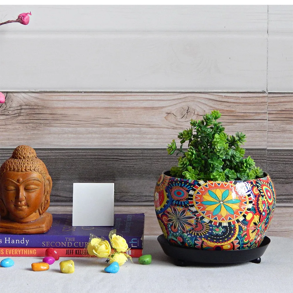 Handcrafted Multicolour Indoor Metal Plant Pot with Saucer Plate (Set of 2)