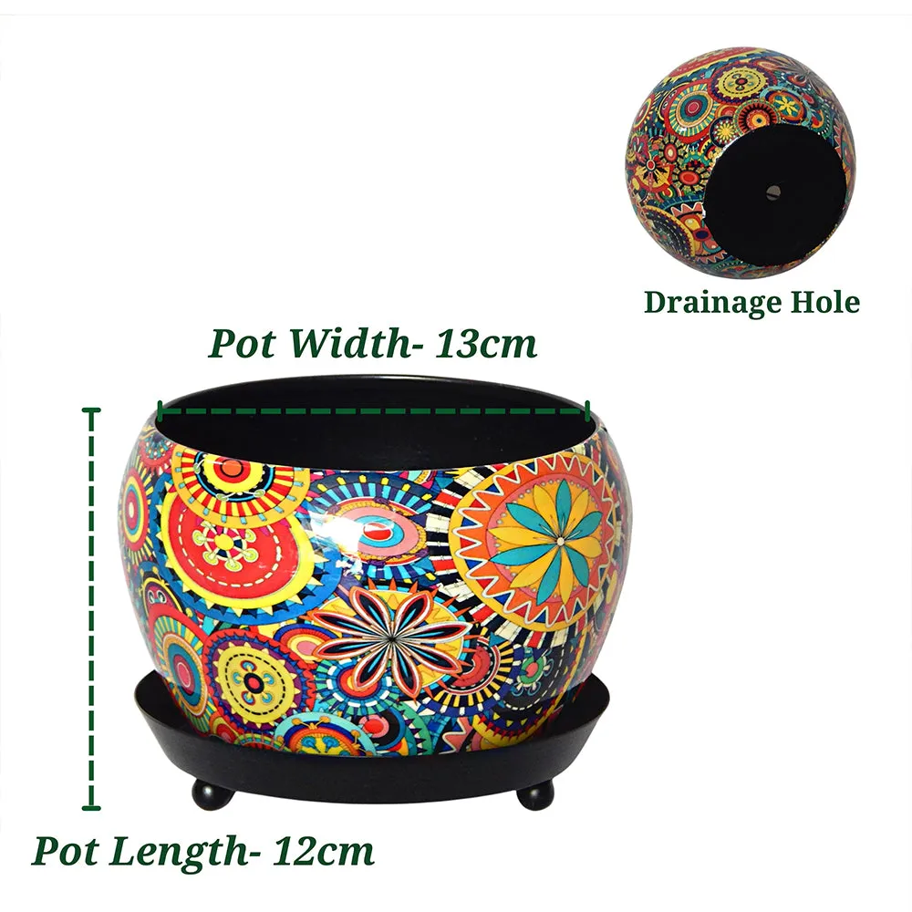 Handcrafted Multicolour Indoor Metal Plant Pot with Saucer Plate (Set of 2)
