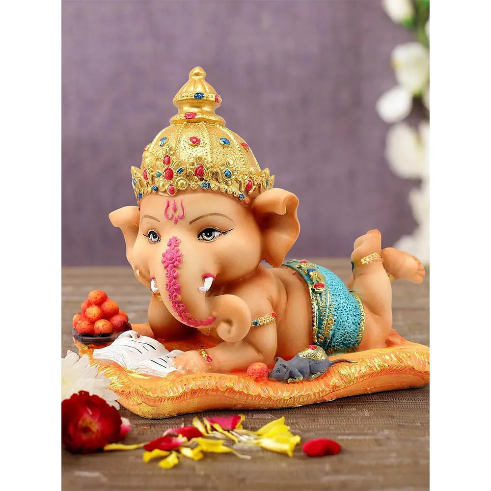 Handcrafted Nude & Blue Toned Playful Lord Ganesh Idol