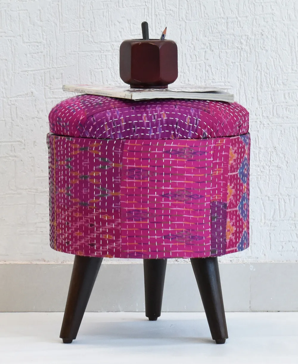 Handcrafted Pink Kantha Gudri Patchwork Upholstery Solid Wooden Ottoman Single Piece