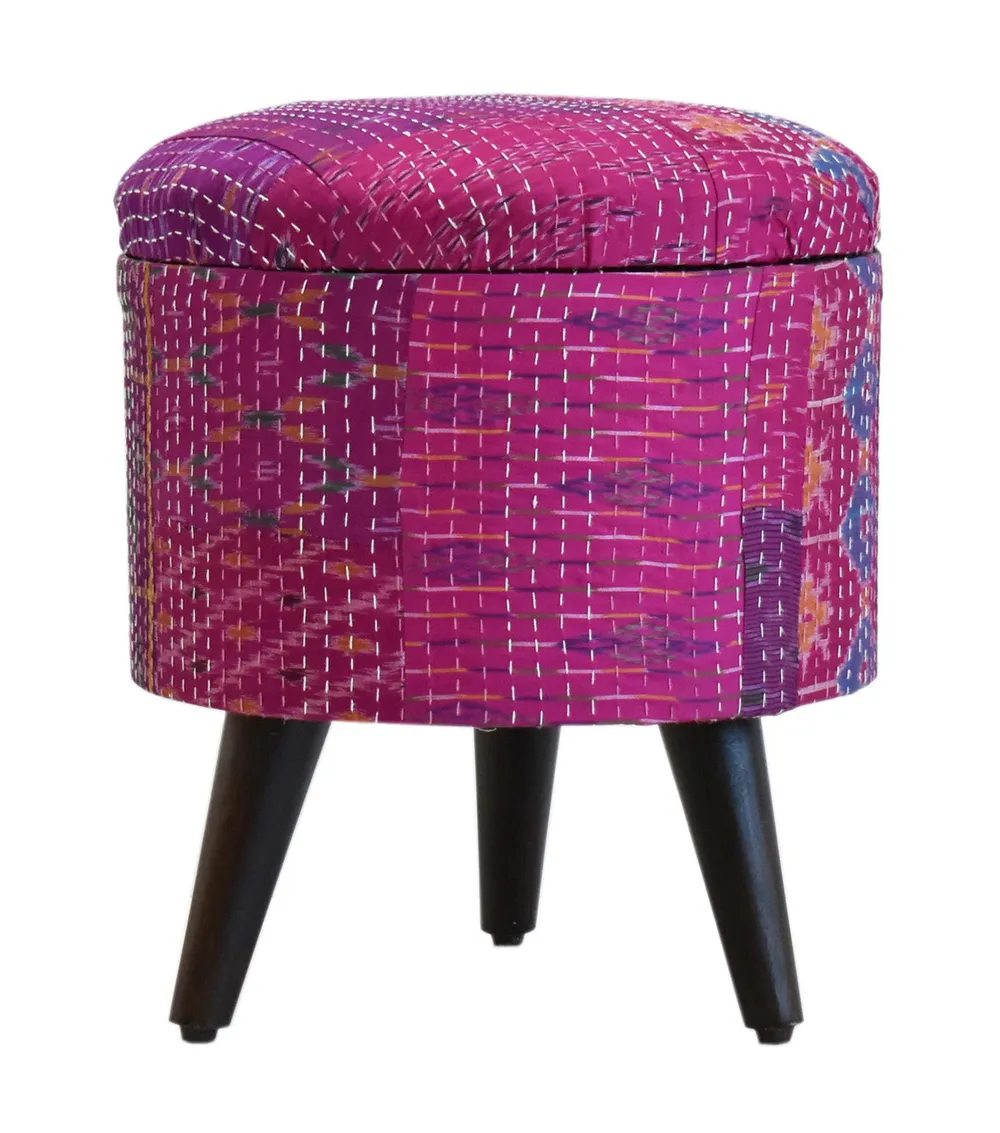 Handcrafted Pink Kantha Gudri Patchwork Upholstery Solid Wooden Ottoman Single Piece