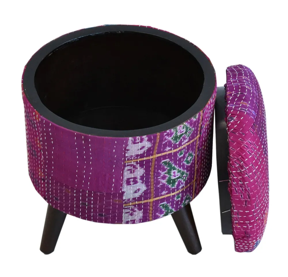 Handcrafted Pink Kantha Gudri Patchwork Upholstery Solid Wooden Ottoman Single Piece