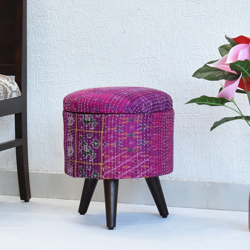 Handcrafted Pink Kantha Gudri Patchwork Upholstery Solid Wooden Ottoman Single Piece