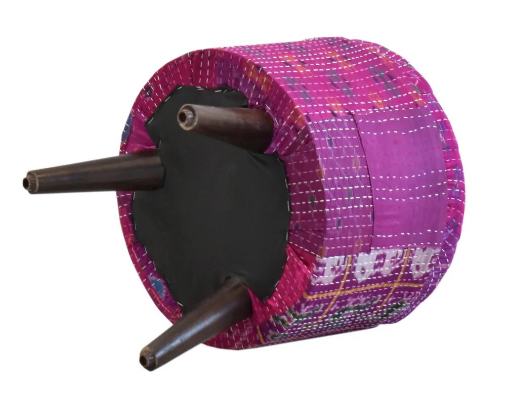 Handcrafted Pink Kantha Gudri Patchwork Upholstery Solid Wooden Ottoman Single Piece