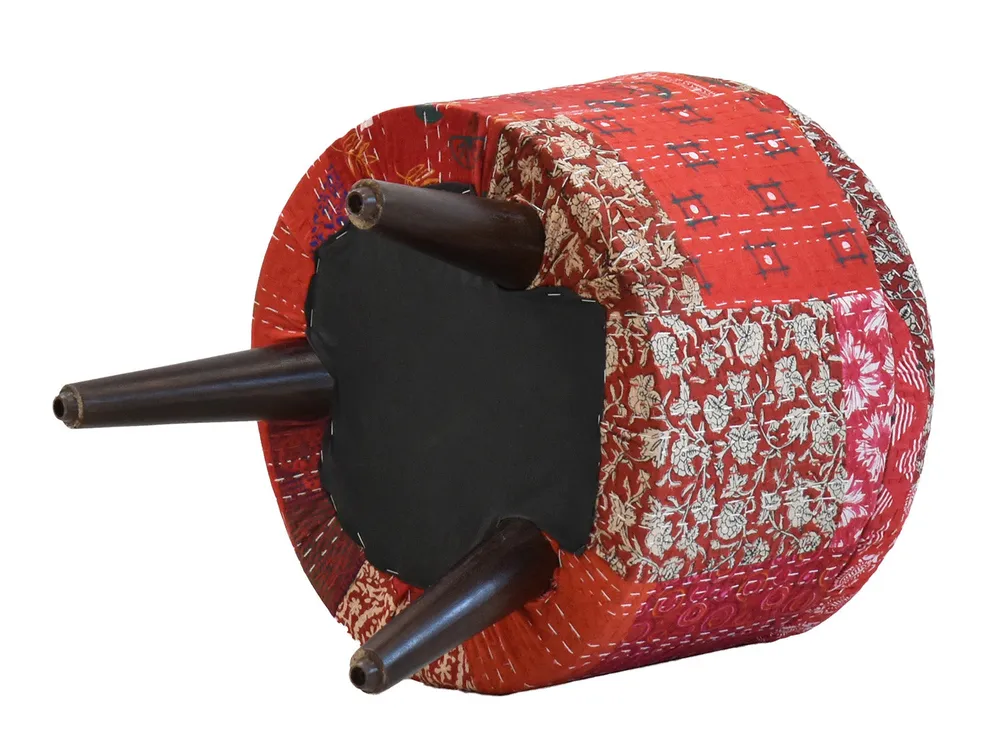 Handcrafted Red Kantha Gudri Patchwork Upholstery Solid Wooden Ottoman