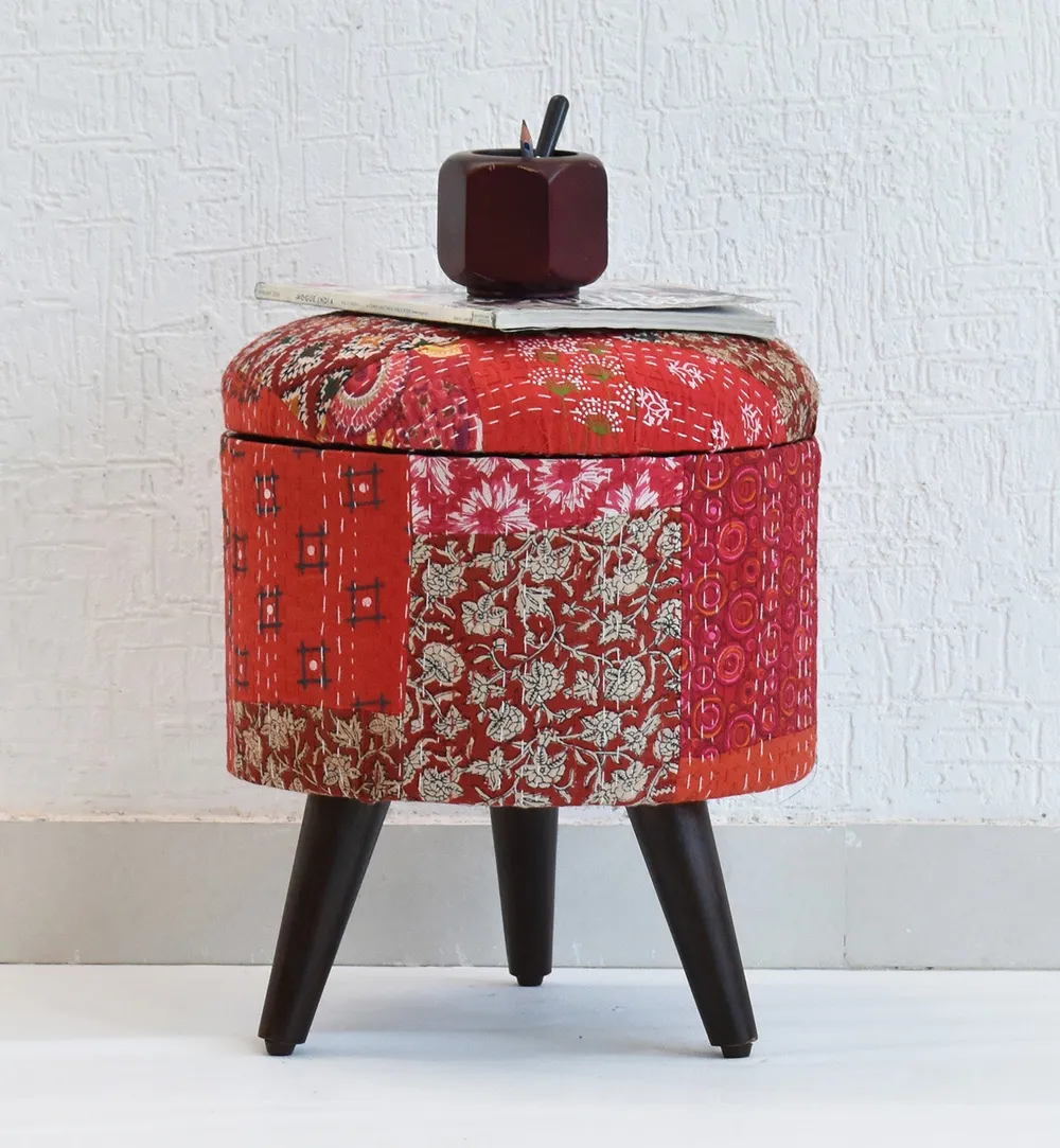 Handcrafted Red Kantha Gudri Patchwork Upholstery Solid Wooden Ottoman