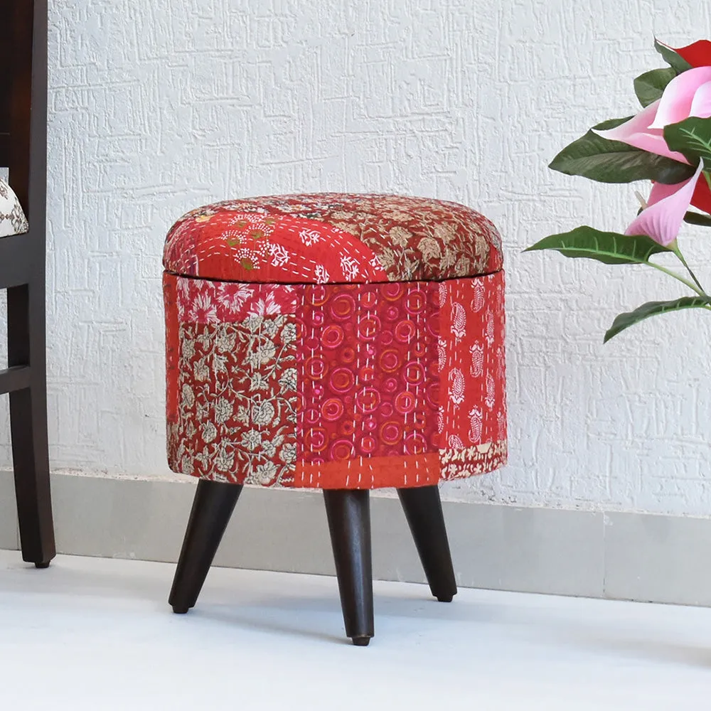 Handcrafted Red Kantha Gudri Patchwork Upholstery Solid Wooden Ottoman