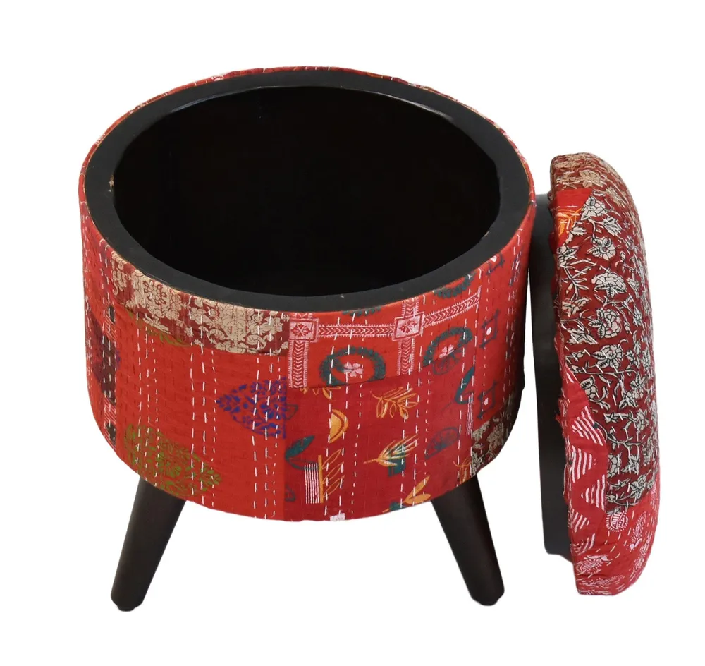 Handcrafted Red Kantha Gudri Patchwork Upholstery Solid Wooden Ottoman