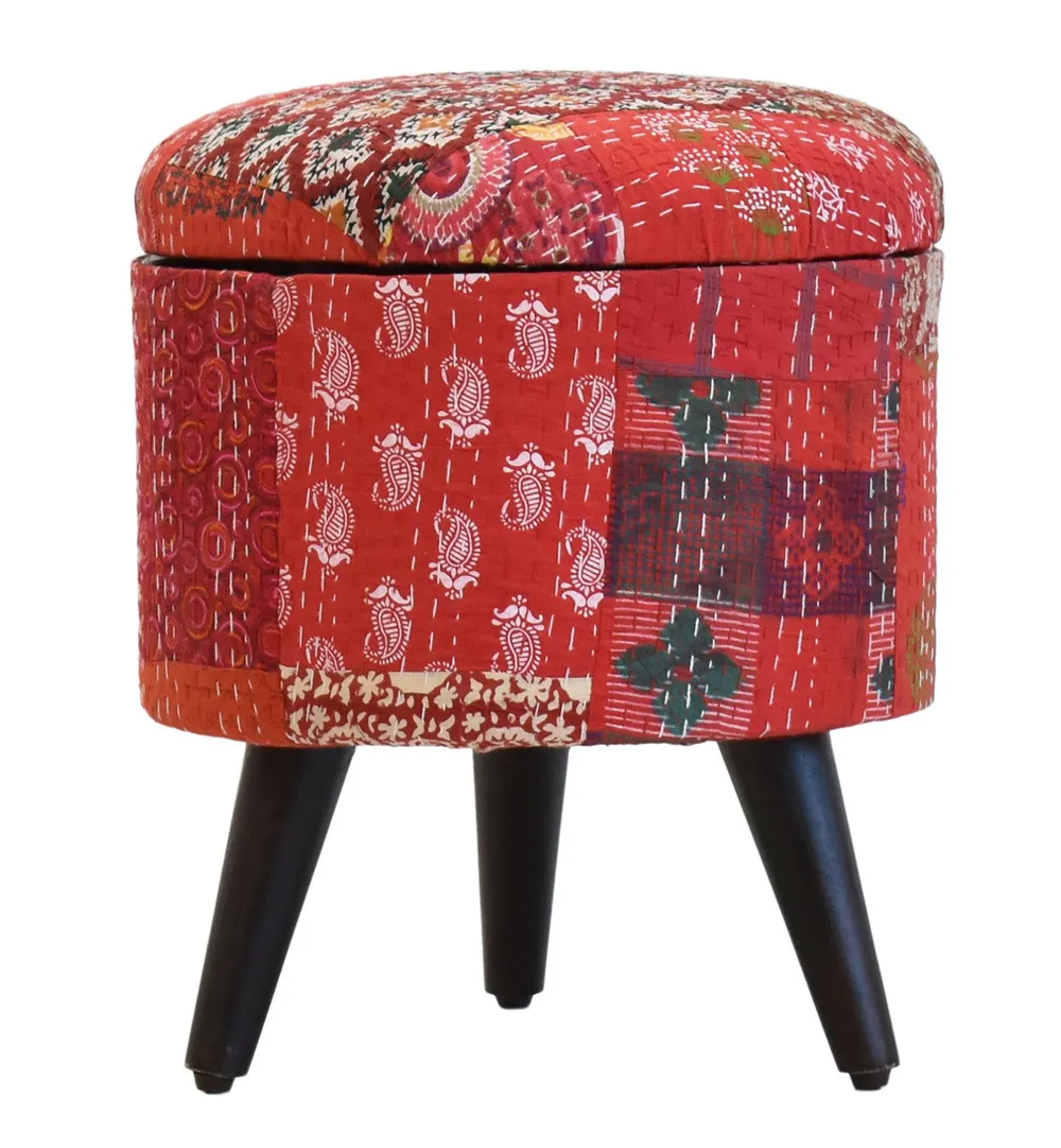 Handcrafted Red Kantha Gudri Patchwork Upholstery Solid Wooden Ottoman