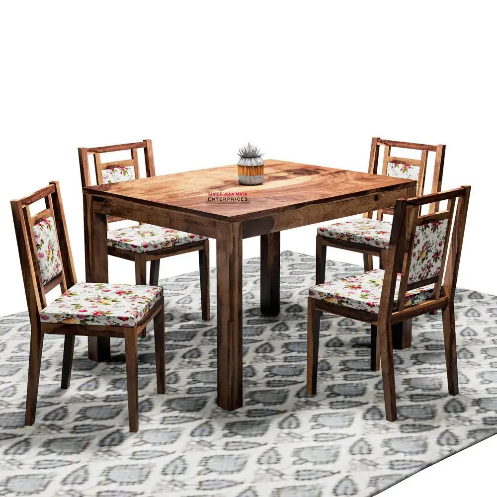 Handcrafted Sheesham Wood Dining Table 4 Seater with Floral Printed Padded Seats