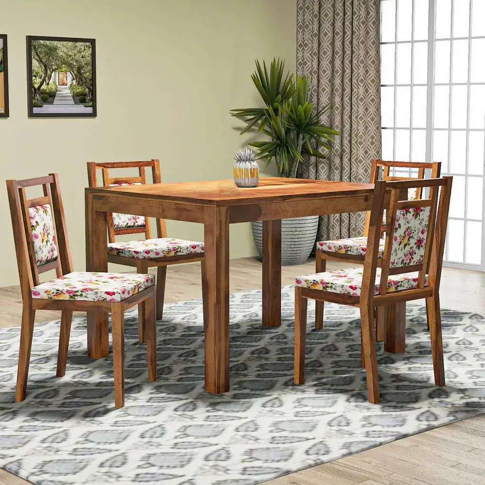 Handcrafted Sheesham Wood Dining Table 4 Seater with Floral Printed Padded Seats