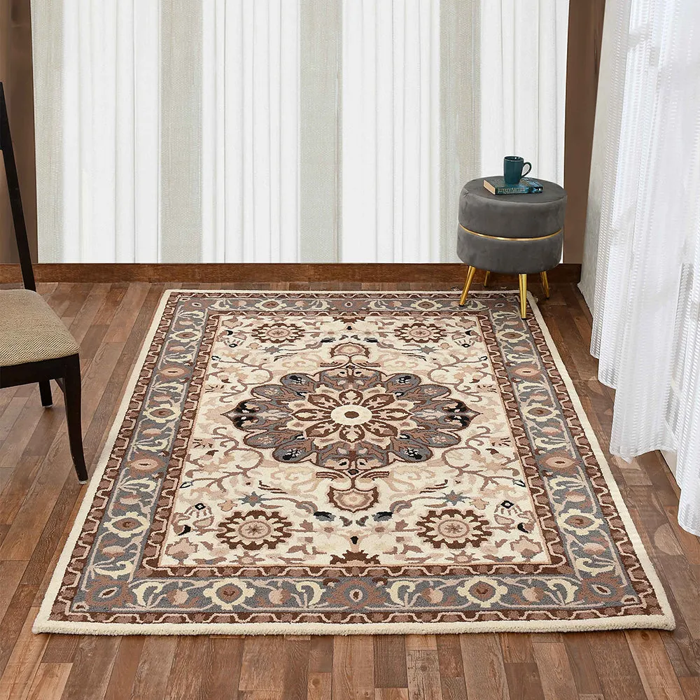 Handcrafted Traditional Print Ivory Coloured Hand Tufted Wool Carpet 4X6