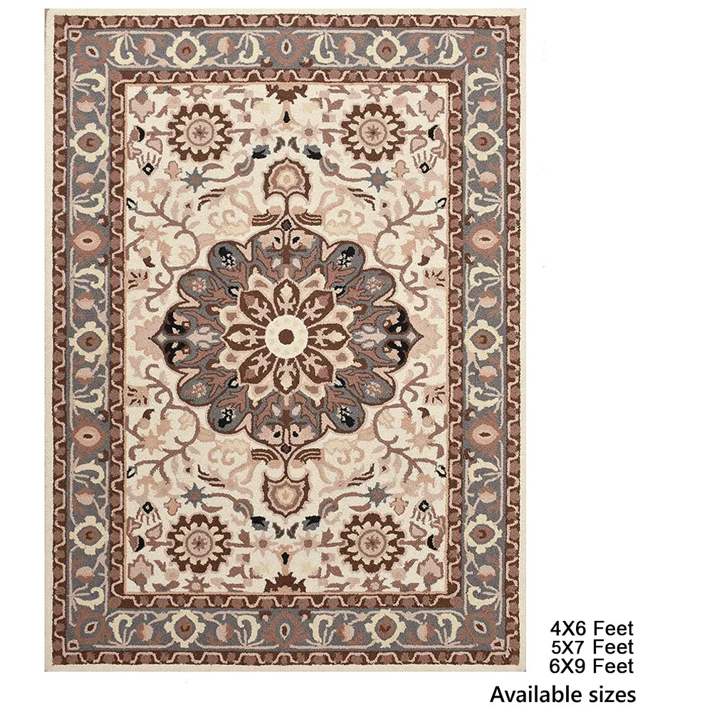 Handcrafted Traditional Print Ivory Coloured Hand Tufted Wool Carpet 4X6