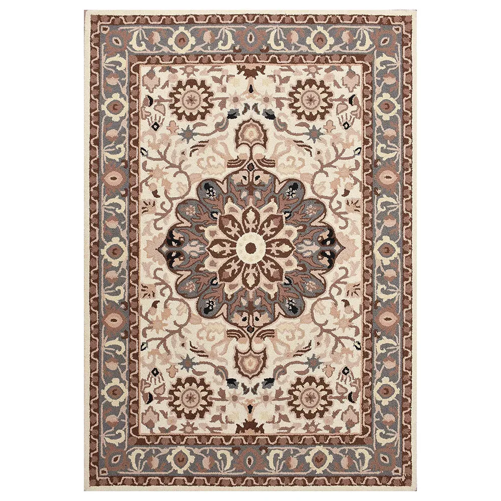 Handcrafted Traditional Print Ivory Coloured Hand Tufted Wool Carpet 4X6