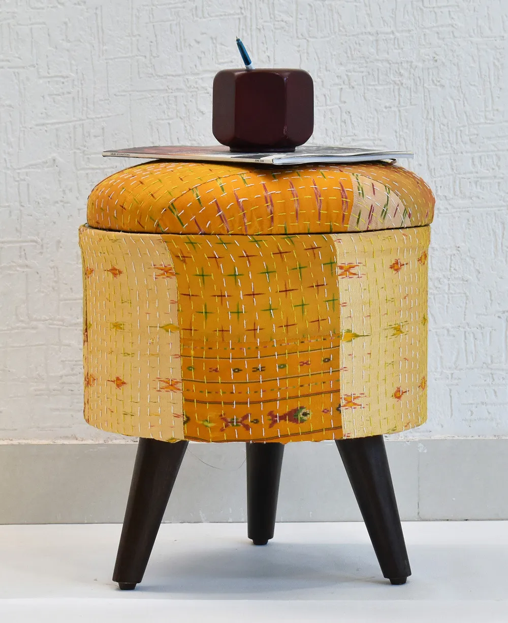 Handcrafted Yellow Kantha Gudri Patchwork Upholstery Solid Wooden Ottoman