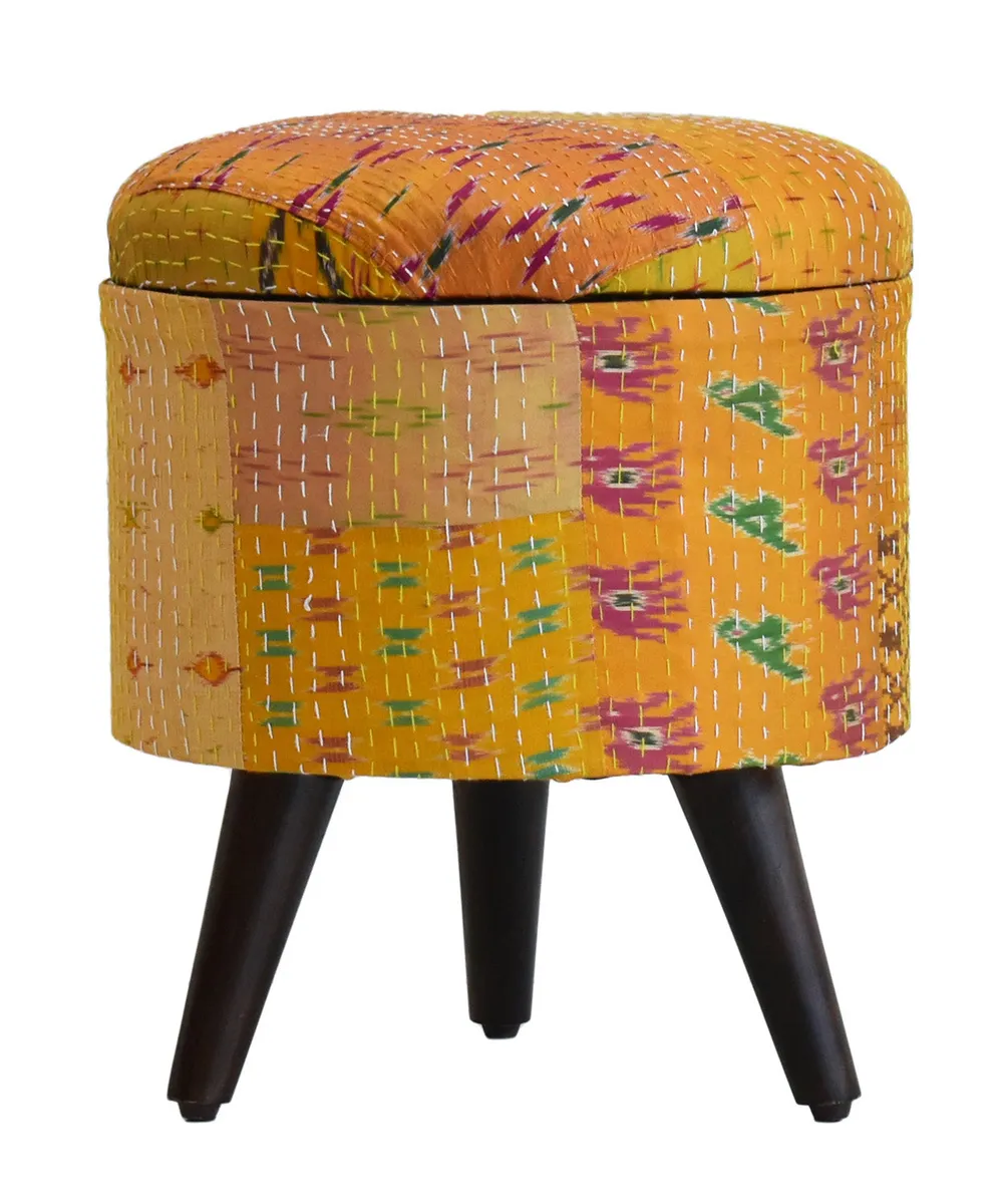 Handcrafted Yellow Kantha Gudri Patchwork Upholstery Solid Wooden Ottoman