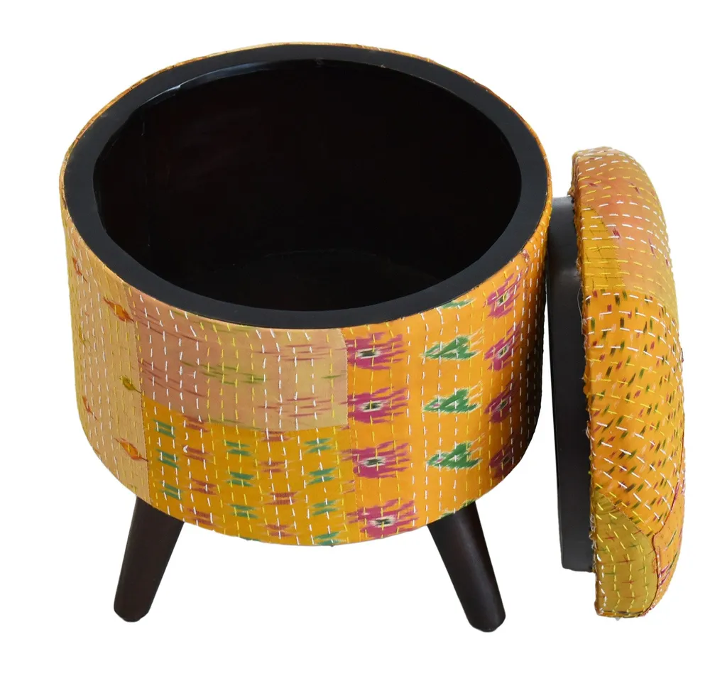 Handcrafted Yellow Kantha Gudri Patchwork Upholstery Solid Wooden Ottoman