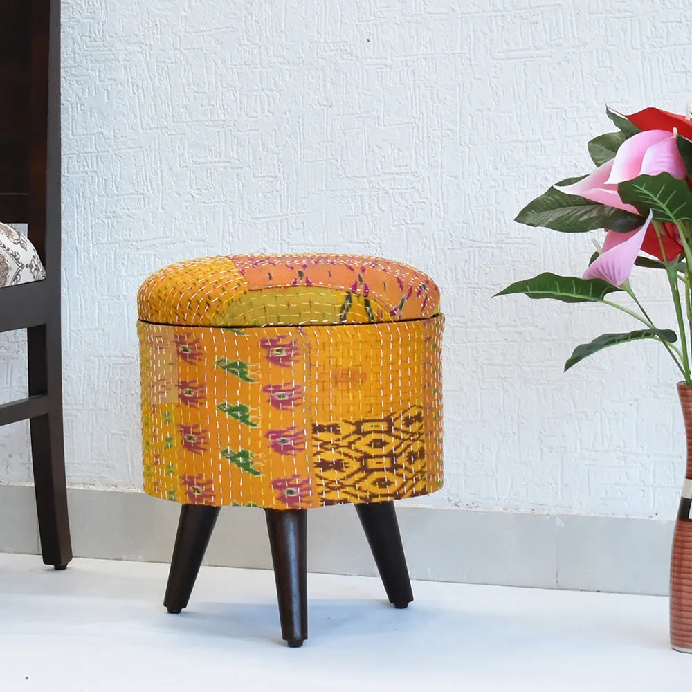 Handcrafted Yellow Kantha Gudri Patchwork Upholstery Solid Wooden Ottoman