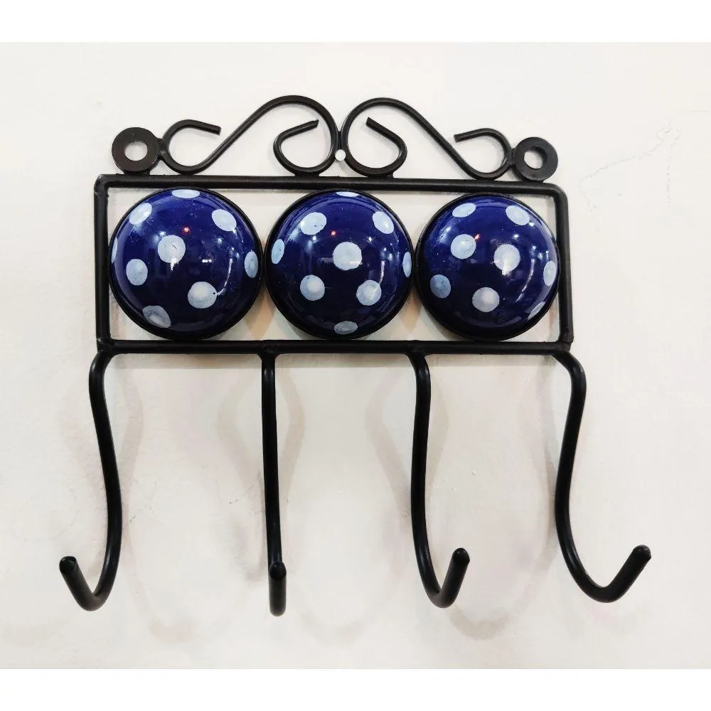 Handmade Ceramic Wrought Iron Wall Hook, Blue - Set of 2