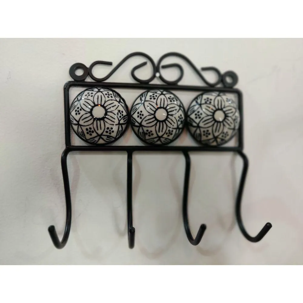 Handmade Ceramic Wrought Iron Wall Hook, Grey - Set of 2