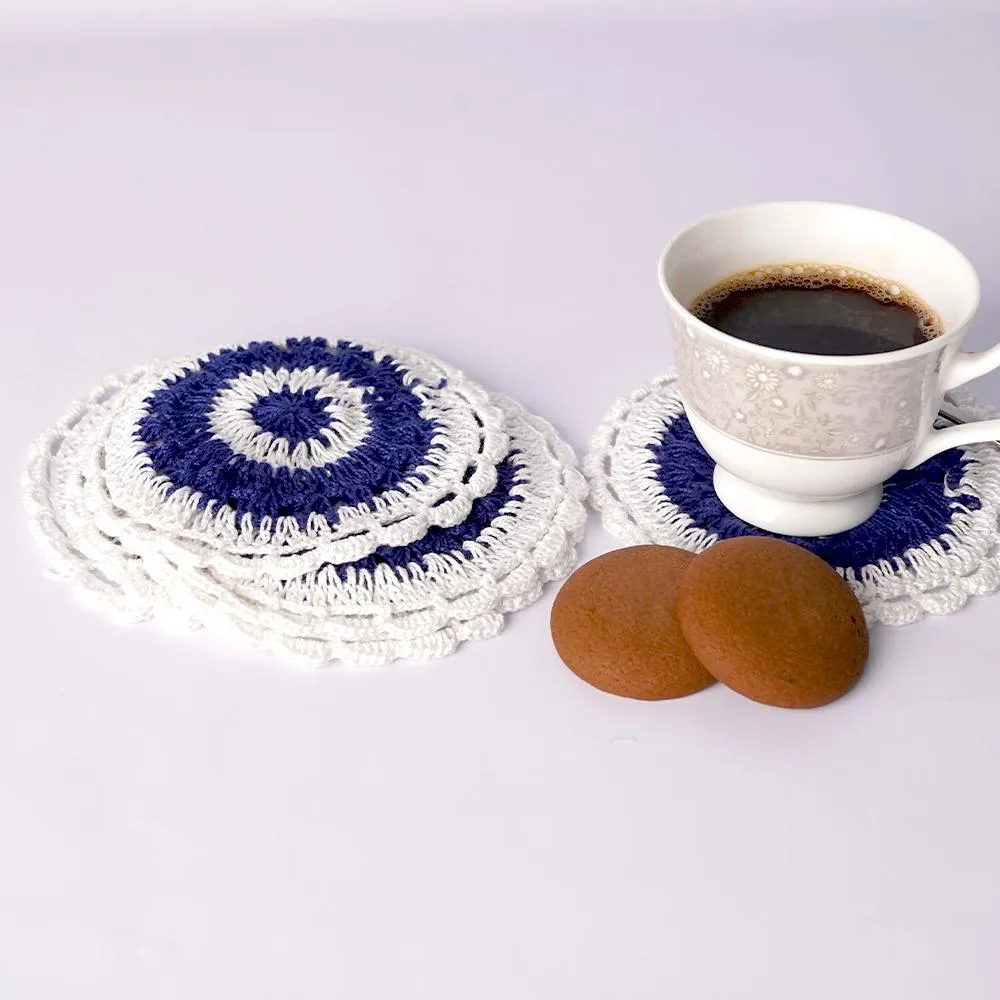 Handmade Crochet Table Coasters Set of 6 ~Blue&White
