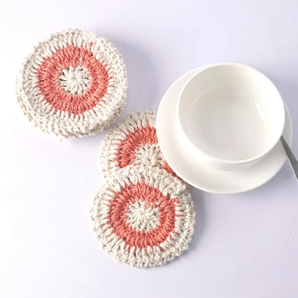 Handmade Crochet Table Coasters Set of 6 ~ Coral&Off White