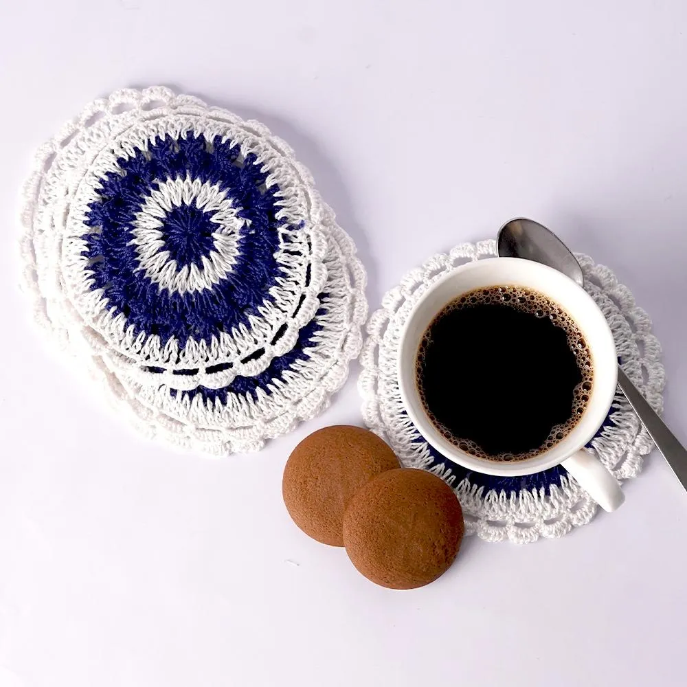 Handmade Crochet Table Coasters Set of 6 ~ Coral&Off White