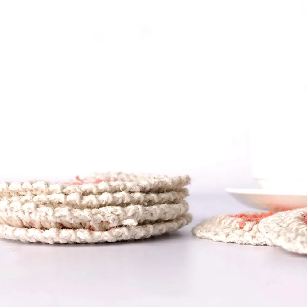 Handmade Crochet Table Coasters Set of 6 ~ Coral&Off White