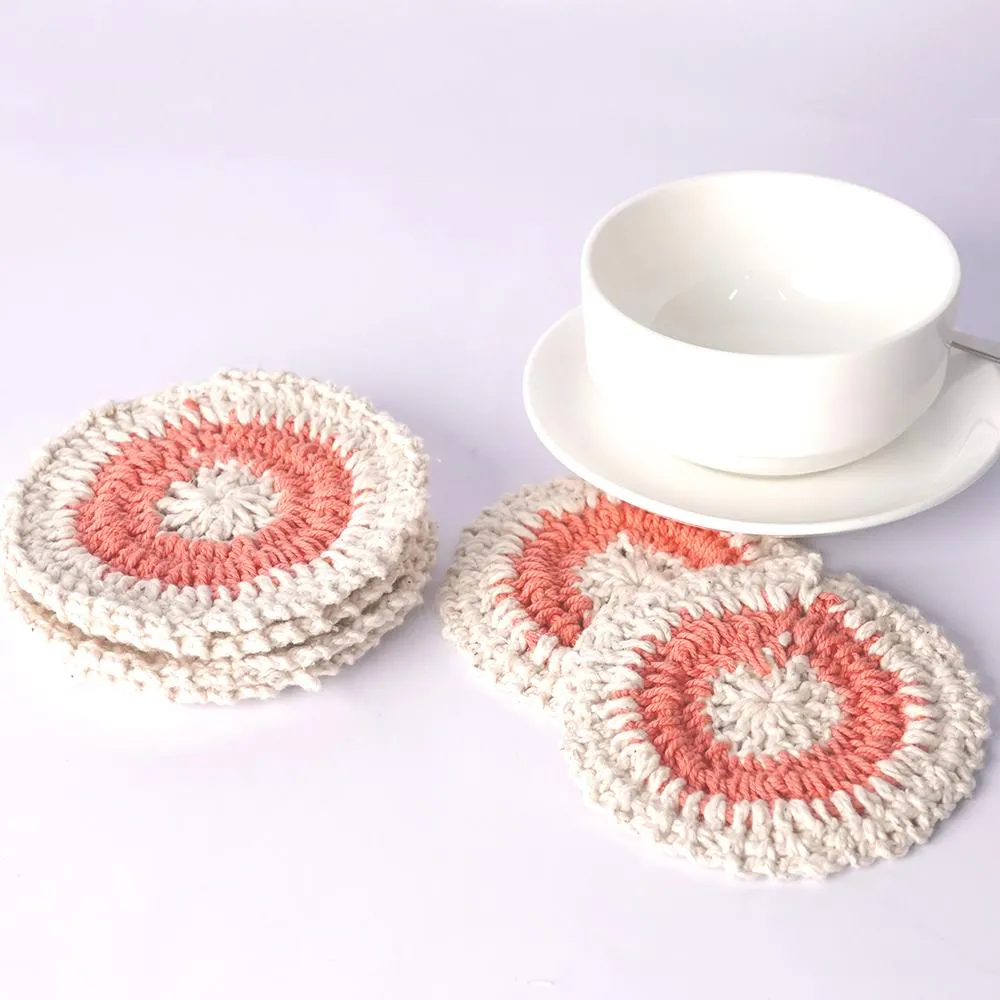 Handmade Crochet Table Coasters Set of 6 ~ Coral&Off White