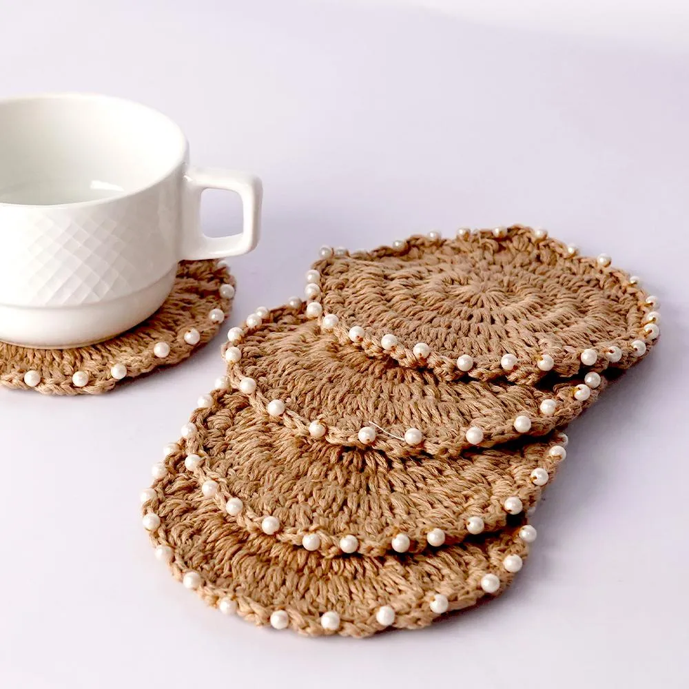Handmade Crochet Table Coasters Set of 6 ~ Taupe