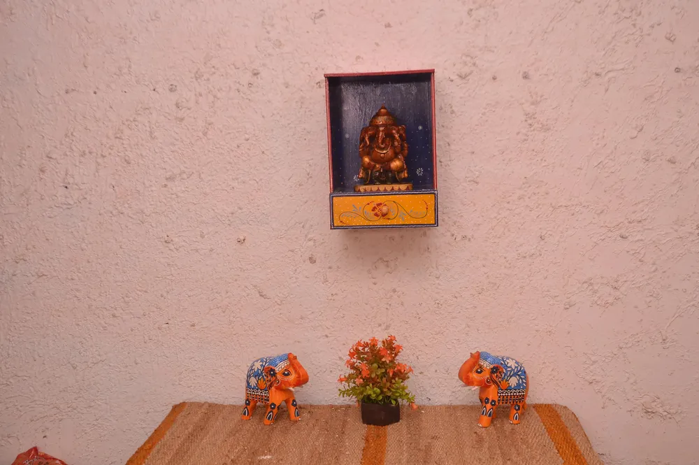 Handpainted and Carved Wooden Pooja Mandir in Blue Colour