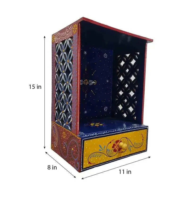 Handpainted and Carved Wooden Pooja Mandir in Blue Colour