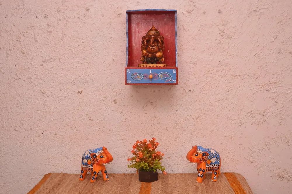 Handpainted and Carved Wooden Pooja Mandir in Red Colour