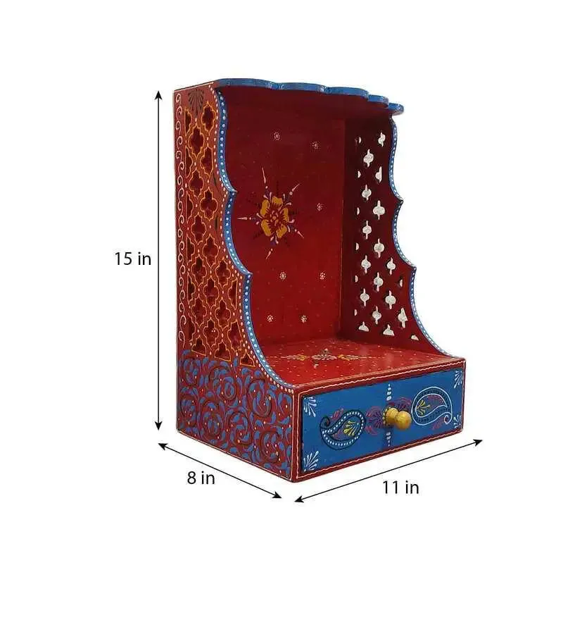 Handpainted and Carved Wooden Pooja Mandir in Red Colour