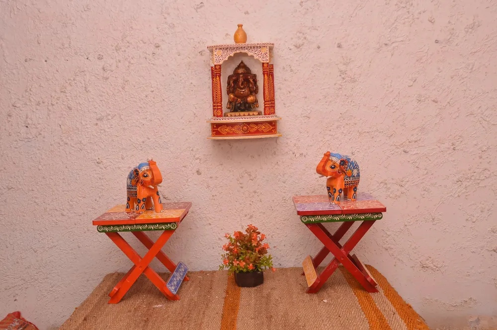 Handpainted and Carved Wooden Pooja Mandir in White Colour