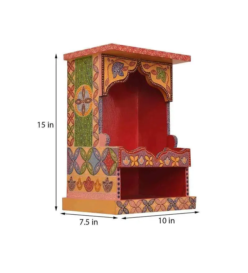 Handpainted and Carved Wooden Pooja Mandir in Yellow Colour