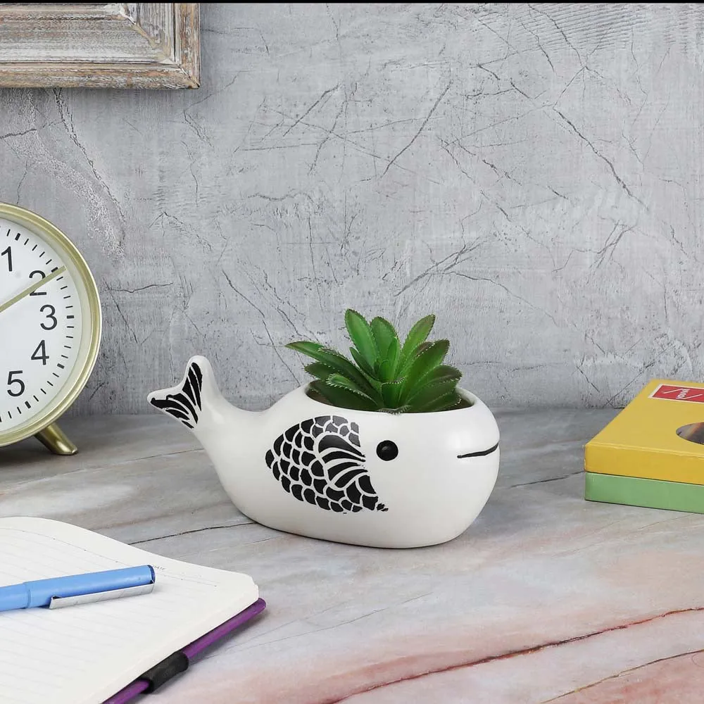 Handpainted Decorative Fish Motif Flower Pots/ Ceramic Planters Set Of 2