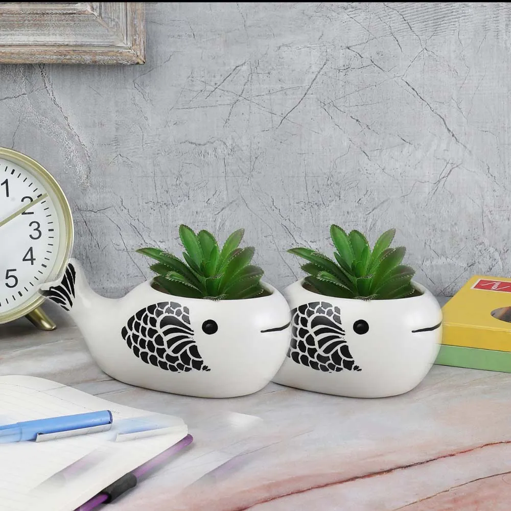 Handpainted Decorative Fish Motif Flower Pots/ Ceramic Planters Set Of 2