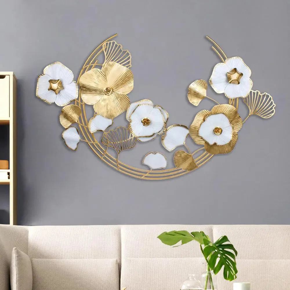 Handpainted Floral Metal Wall Art / Metal Wall Decorative Item (Pink, Gold & White)