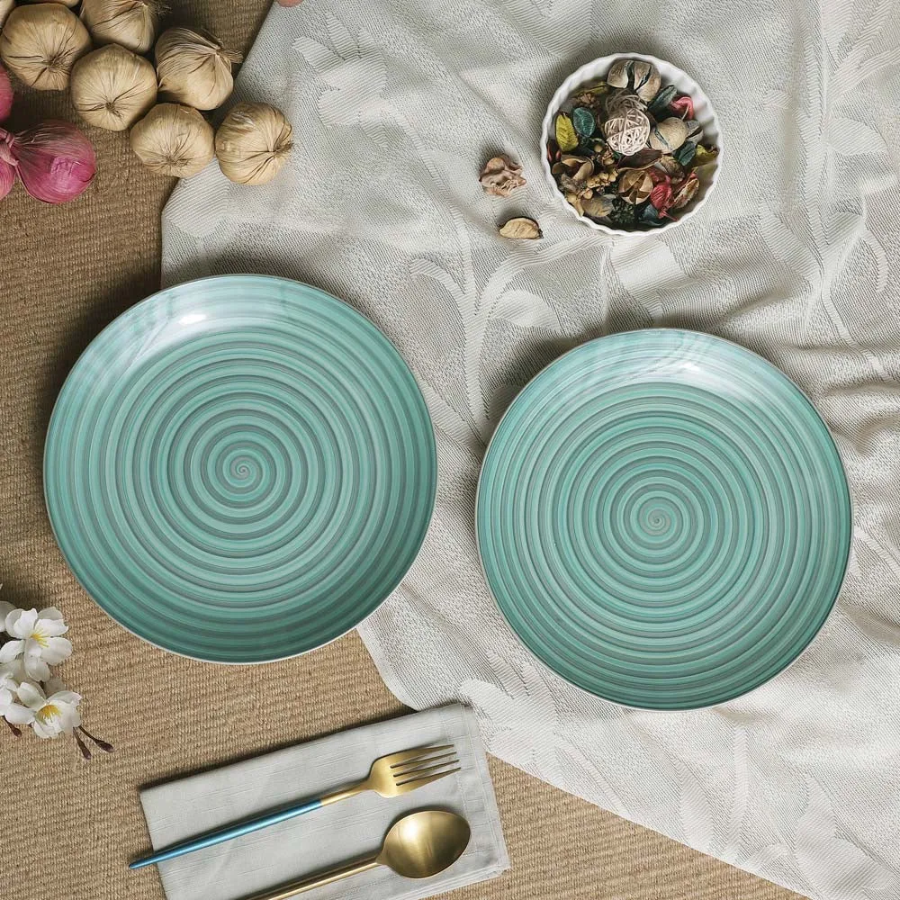 Handpainted Green Ceramic Dinner Plates Set Of 2