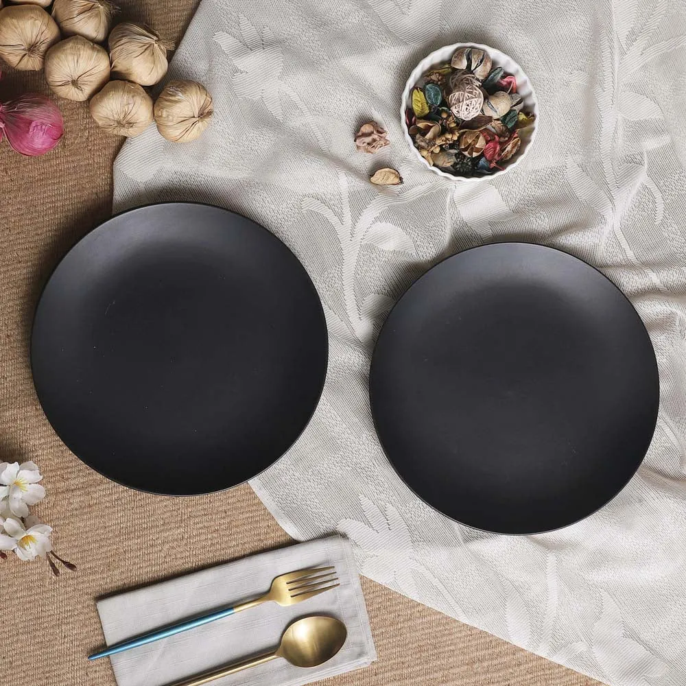 Handpainted Matte Black Ceramic Dinner Plates Set Of 2