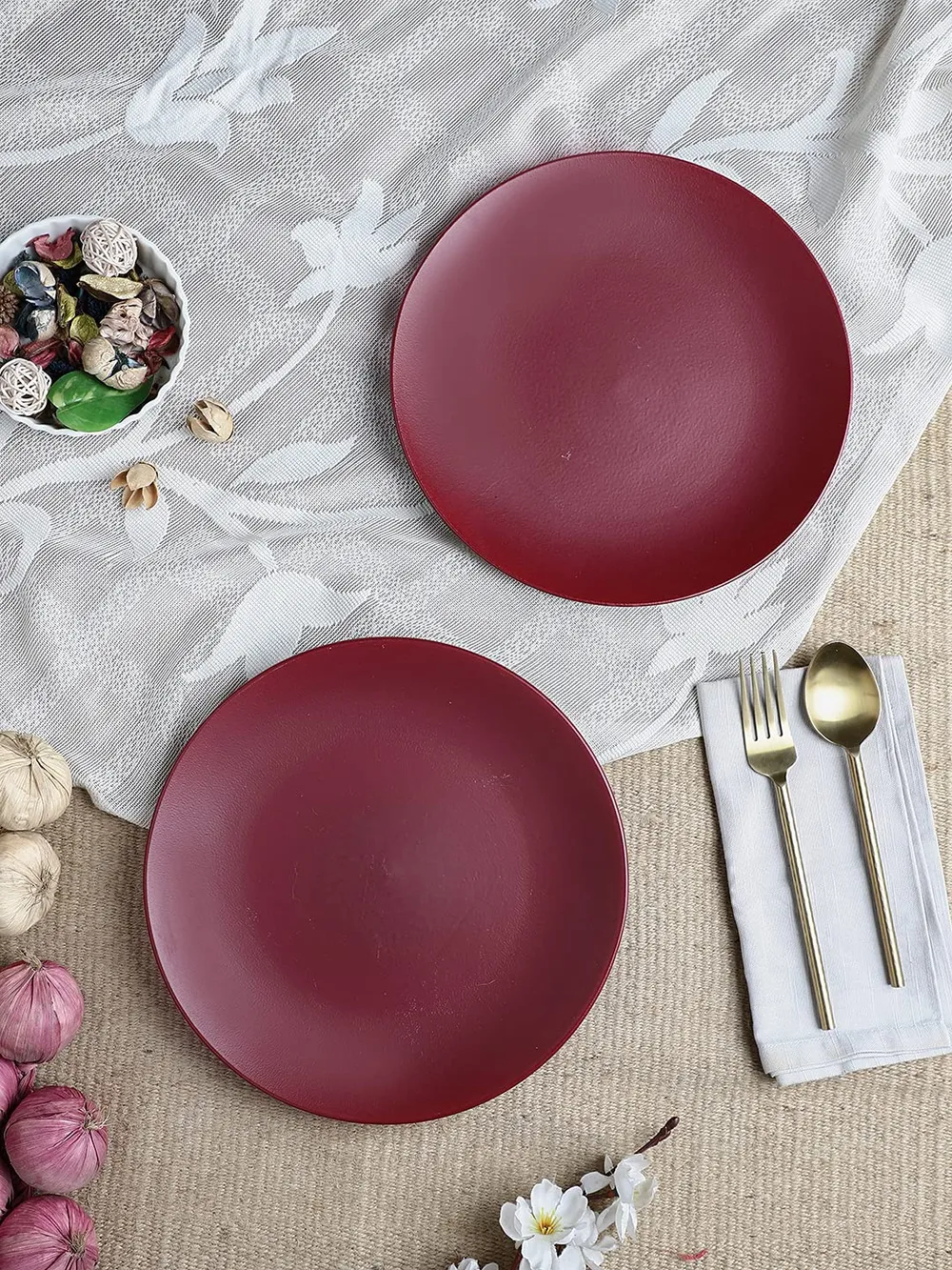Handpainted Matte Magenta Ceramic Dinner Plates Set Of 2