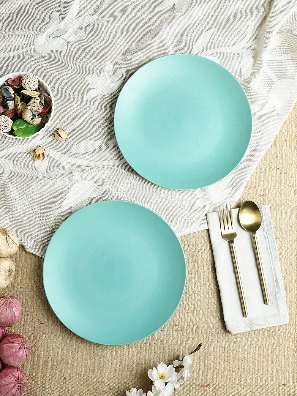 Handpainted Matte Mint Green Ceramic Dinner Plates Set Of 2