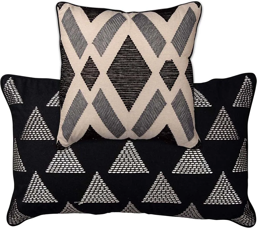 Handstitched Ethnic Motif Black & White Designer Cushion Cover Set Of 2