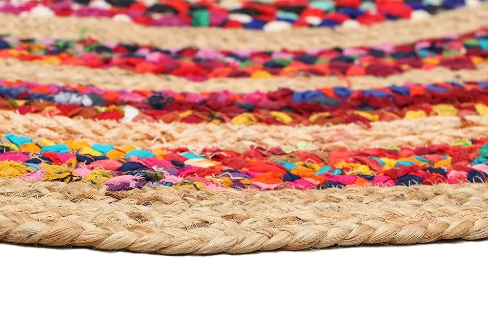 Handwoven Multicolor Designer Round Jute & Cotton Floormat