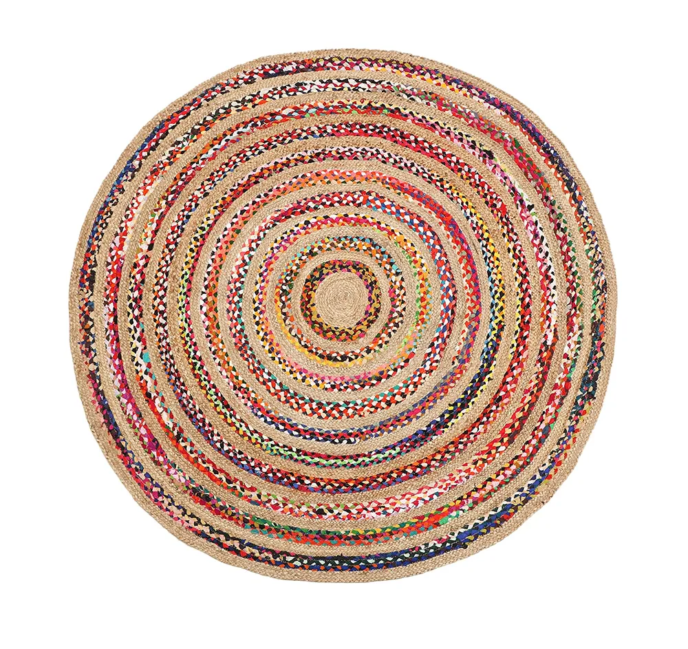 Handwoven Multicolor Designer Round Jute & Cotton Floormat