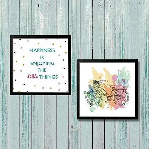 Happiness Quote with Bicycle Wall Painting in Glossy High Definition Print, in Black Frame, Set of 2