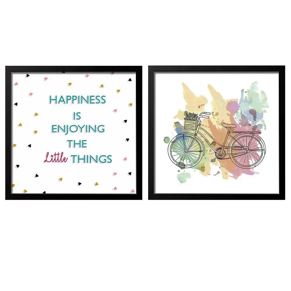Happiness Quote with Bicycle Wall Painting in Glossy High Definition Print, in Black Frame, Set of 2